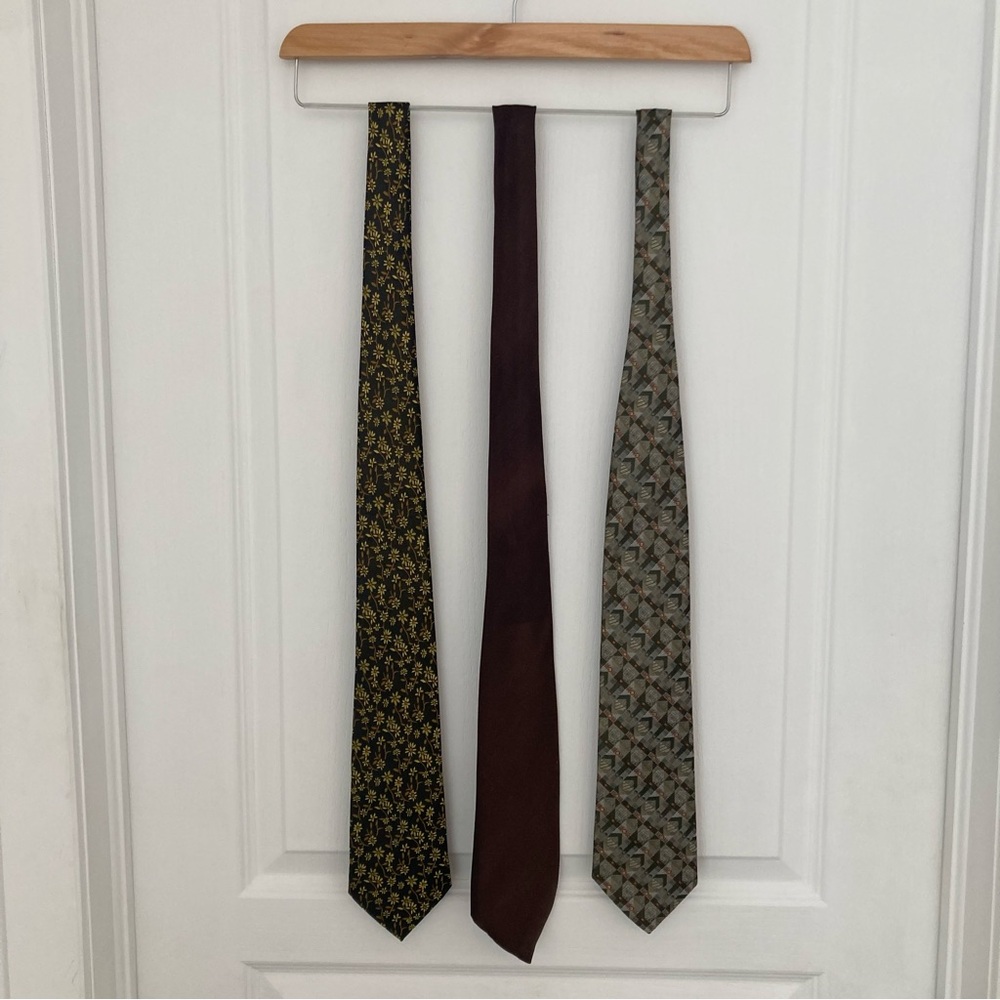 Multiple Men's Tie Set of 3 Floral Black, Solid Brown, Geometric Green Retro
